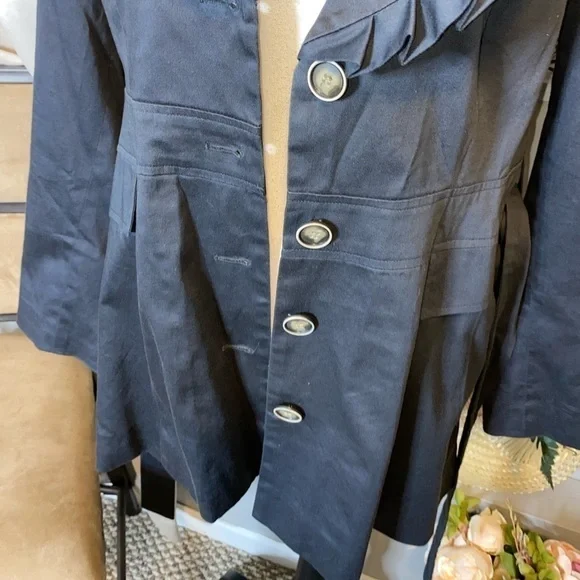 Blue Medium Ruffle Tie Waist Button Women’s Trench Coat Jacket GUC Faux Pockets - Picture 7 of 12